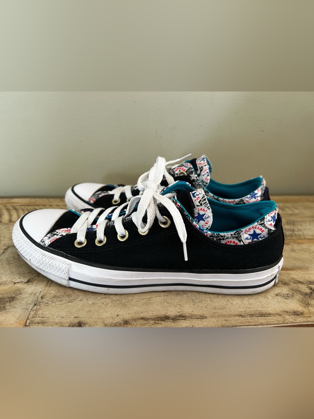Converse Chuck Taylor All Star Double Upper Black Teal Multi-Color, Great Cond!